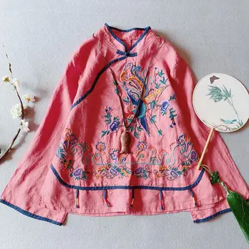 2022 ženske letnik bluzo kitajske tradicionalne qipao bluzo bombaž perilo cheongsam cvet, vezenje na majice orientalski tang obleko