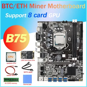 B75 8 Kartico GPU Rudarstvo matična plošča+PROCESOR+Toplotna Pad+128G SSD+4G DDR3 RAM+SATA+Switch Kabel 8X USB3.0 LGA1155 DDR3 SATA3.0