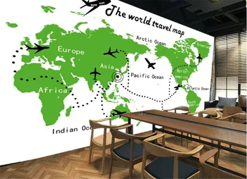 Bacal po meri 3D ozadje zeleno zemljevidu sveta zrakoplova sedmih celinah pet ocean orodje v ozadju stene 3d stene papirja zidana dekor