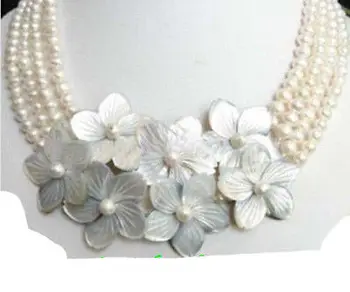 BREZPLAČNA DOSTAVA VROČE prodajajo nove Stil Nakit 4row White pearl cvet lupini Ogrlica