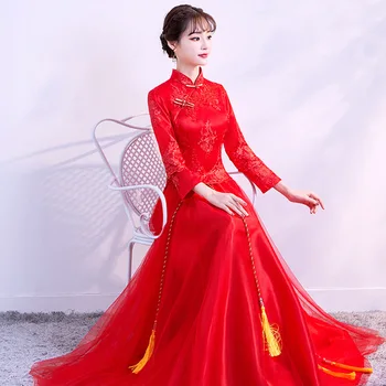 Cerkve Rdeče Ženske Tradicionalni Banket Tassel Qipao Cheongsam Formalno Celotno Dolžino Šifon Majica&Krilo Obleko kitajska obleka Toast 2020