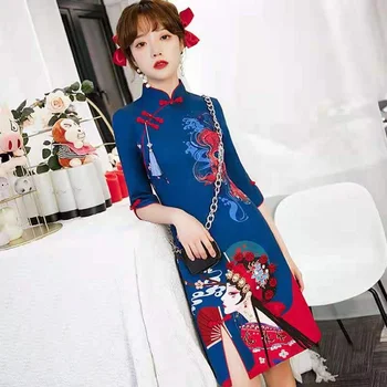 Dame Novosti Izboljšano Cheongsam Obleko Sodobne 2022 Kitajski Slim Dnevno Modra Kitajska Qipao Dress Vintage Design Plus Velikost Oblačila