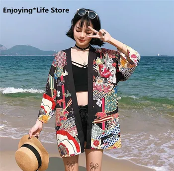 Japonski Kimono Yukata Ženske Cardigan Fashion Vrh Ženske Poletje Plažo Natisnjeni Ulične Tradicionalnih Kimono Rokavi