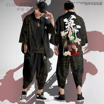 Moški Kitajski Stil Črni Tiskalni Jopico Plašč, Hlače Človek Kimono Samurai Kostume Ulične Haori Azijskih Yukata Modno Oblačilo Kimono