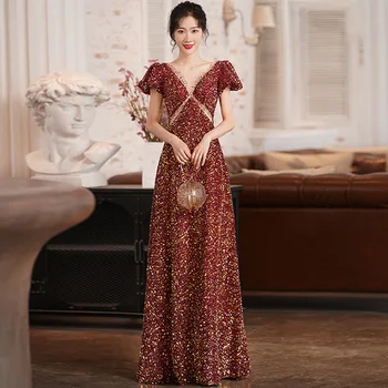 Nevesta Poročni Kitajski Prom Obleke, Ženski Proti-Vrat Temperament Čipke Mozaik Cheongsam Banket Večerno Obleko Bling Haljo De Soiree