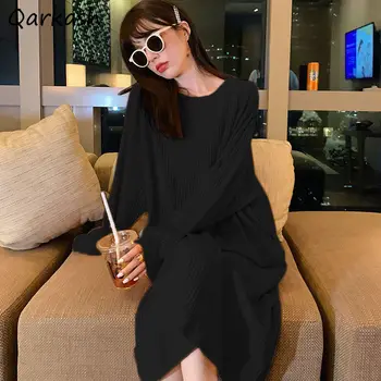 Nightgowns Ženske Korejski Moda Pomlad Dolg Rokav Sladko Lep Svoboden Preproste Ženske Trdna Mid-Tele Prosti Čas Okoli Vratu Oblačila