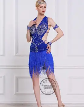 nosorogovo svetlo modra tassel bonitete prilagodite po meri nazaj izrezanka Rumba cha cha salsa tango latinski ples konkurence obleko