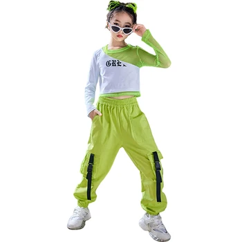 Otrok Hip Hop Plesno Obleko Dekleta Jazz Modni Brvi Kostum Crop Tops Green Cargo Hlače Moderni Ulični Ples Fazi Obrabe 120-180