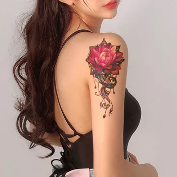 Roza Lotus Nepremočljiva Začasni Tattoo Nalepke, Barvne Pero Nakit Ogrlica Ponaredek Tetovaže Flash Tatoos Roko Body Art Ženske Moški