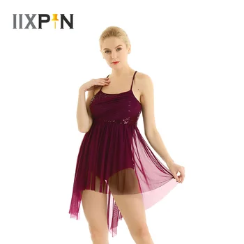 Sequined balet obleko Asimetrične lirično ples kostum za Ženske Špageti Trak brez Rokavov Očesa Criss Cross Nazaj Leotard obleko 0