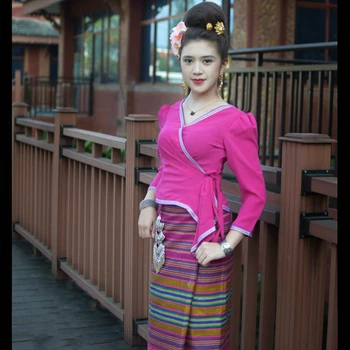 Tajska Tradicionalna Oblačila za Ženske obleke Moda Poletje Dihanje Tanek Slim Rose Red Vrhovi Phasin Krilo Tajski Kostum