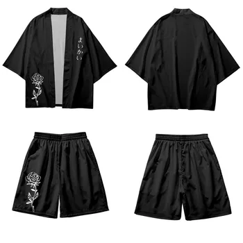 Tradicionalni Rose Tiskanja Obleko, dvodelno, Yukata Ženske Kimono Hlače Harajuku Japonski Jopico Moških Cosplay Samurai Haori Oblačila