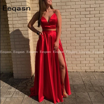 Vestido De Festa Rdeče Dveh Kosov Dolgo Prom Oblačenja V Vratu Strani Špranjske Formalno Večerne Obleke Backless Ženske Haljo De Soiree Gala