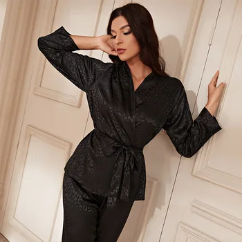Črno-Leopard Ženske Pižame Set Print Sleepwear Svile, Kot Homewear Preprost Nightgown Elegantno Domov Oblačila Dve Delni Set