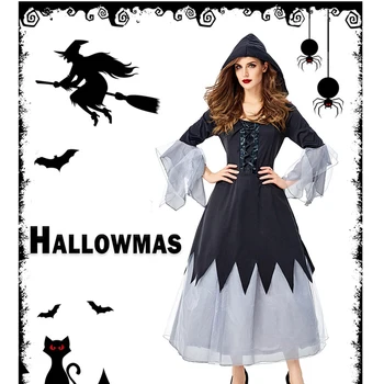 Ženske Karneval Grozno Čarovnica Cosplay Halloween 2022 Grozljivka Black Čipke Očesa Design Hooded Elastična Obleko A-Line Nezakonitih Kostumi