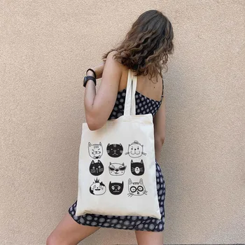 Ženske Mačka tote vrečko Kawaii mačke tiskanja Varovanec vrečko Priložnostne Črno Belo platno torba lady plaži velike dekle, knjige, torbe