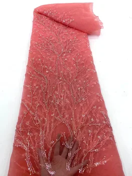 3D Beaded Vezenje francoski Til Tkanine, Čipke Visoke Kakovosti Afriške Čipke Tkanine 5 Metrov Sequins Za Nigerijski Poročno Obleko Šivanje 1