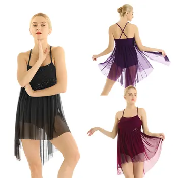 Sequined balet obleko Asimetrične lirično ples kostum za Ženske Špageti Trak brez Rokavov Očesa Criss Cross Nazaj Leotard obleko 1
