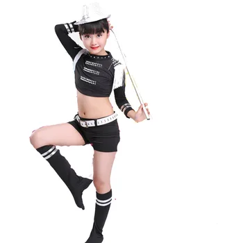 2PCS/NASTAVITE Črno Sequins Otroci Hip Hop Jazz Ples Kostum Obleko Dekle Cheerleading Oblačila Otrok Fazi Dancewear Moderno Obleko 2