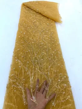 3D Beaded Vezenje francoski Til Tkanine, Čipke Visoke Kakovosti Afriške Čipke Tkanine 5 Metrov Sequins Za Nigerijski Poročno Obleko Šivanje 3