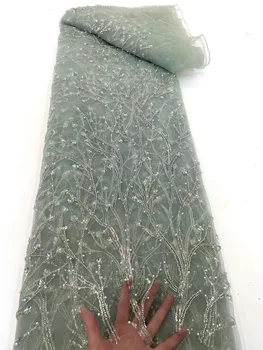 3D Beaded Vezenje francoski Til Tkanine, Čipke Visoke Kakovosti Afriške Čipke Tkanine 5 Metrov Sequins Za Nigerijski Poročno Obleko Šivanje 4