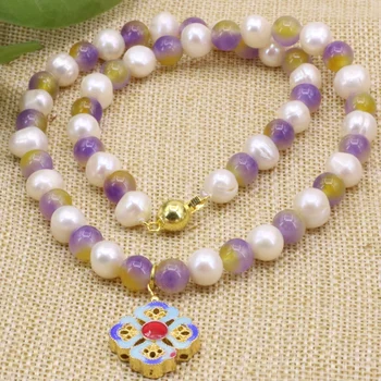 Naravno bela 9-10 mm pearl 8 mm multicolor jades krog kroglice ogrlica zlato barvo cloisonne uhan ženske, nakit set 18 inch B3183 4