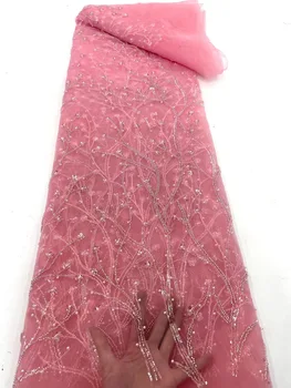 3D Beaded Vezenje francoski Til Tkanine, Čipke Visoke Kakovosti Afriške Čipke Tkanine 5 Metrov Sequins Za Nigerijski Poročno Obleko Šivanje 5